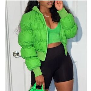 Neon Green Cropped Puffer Jacket | Ribbed Waist | Streetwear